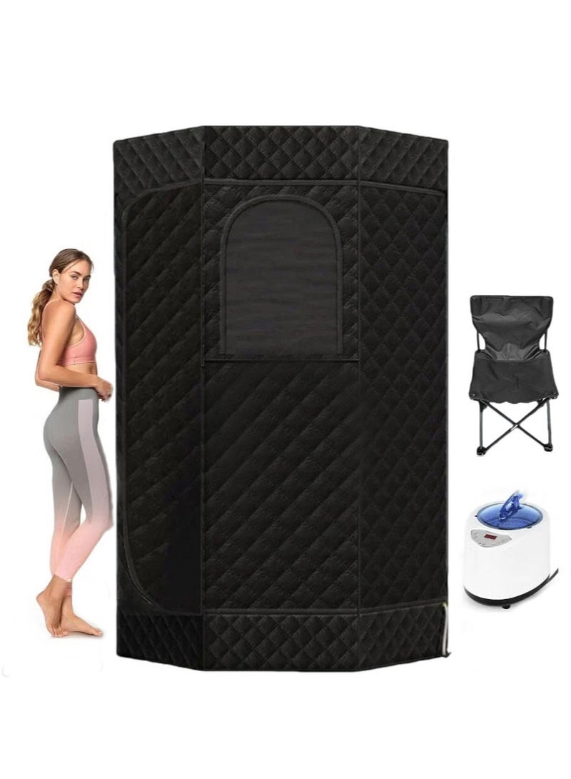 ايكانبو كابينة ساونا منزلية محمولة، صندوق ساونا بخار منزلي خماسي الأضلاع، لراحة الجسم والعقل، تتضمن مولد بخار وكرسي قابل للطي، 9 إعدادات لدرجة الحرارة، مناسبة لصالات الرياضة واليوغا والبيلاتس والحمامات الساخنة والمنتجعات الصحية (أسود) - Image 1